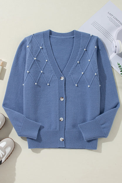 Myosotis texturierte strickjacke mit perlen und knopfleiste