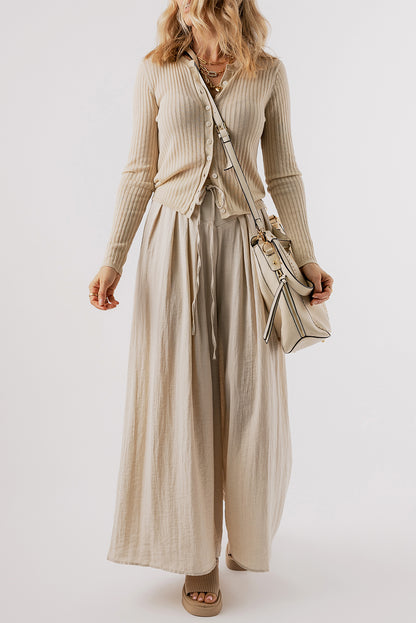 Beige kordelzug taille plissiert weites bein freizeithose