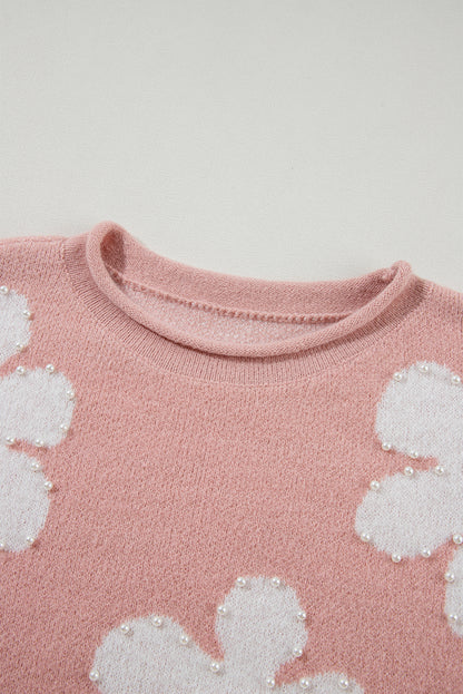 Hellrosa perlenblume distressed edge pullover t shirt