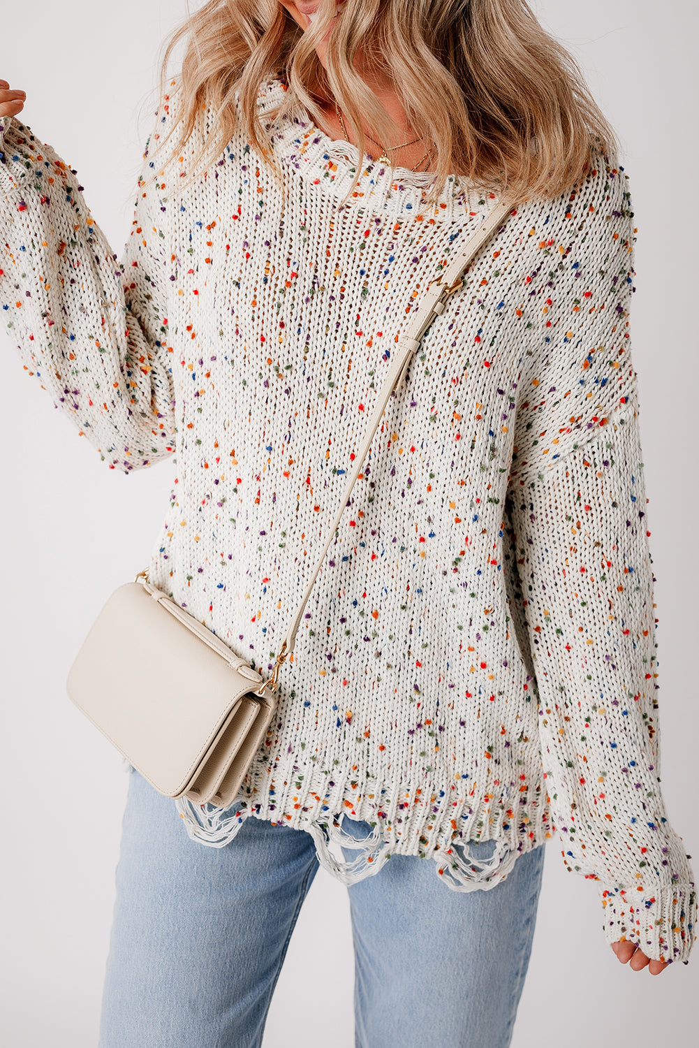 Weißer bunter konfetti distressed strickpullover