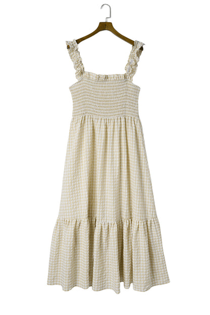 Khaki kariertes Maxikleid mit gerafften Ärmeln und Smokings