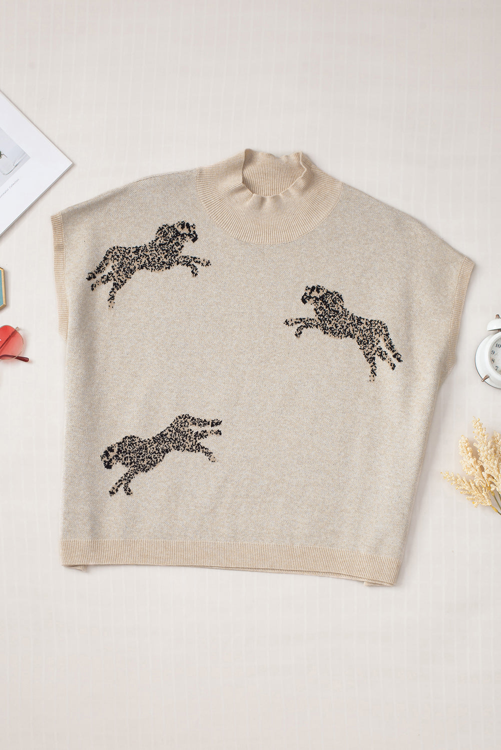 Apricot lebhaftes gepardenmuster hoher hals kurzarmpullover