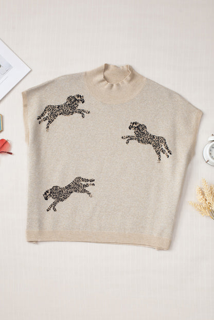 Apricot lebhaftes gepardenmuster hoher hals kurzarmpullover