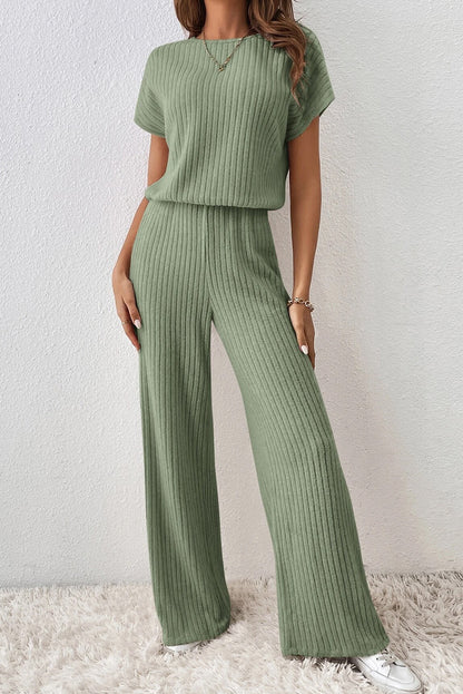 Grasgrün solide farbe gerippt kurzarm weites bein jumpsuit