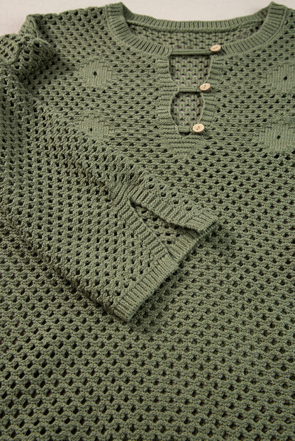 Vineyard green offener strick mit geknöpftem halsausschnitt pullover mit geteilten ärmeln