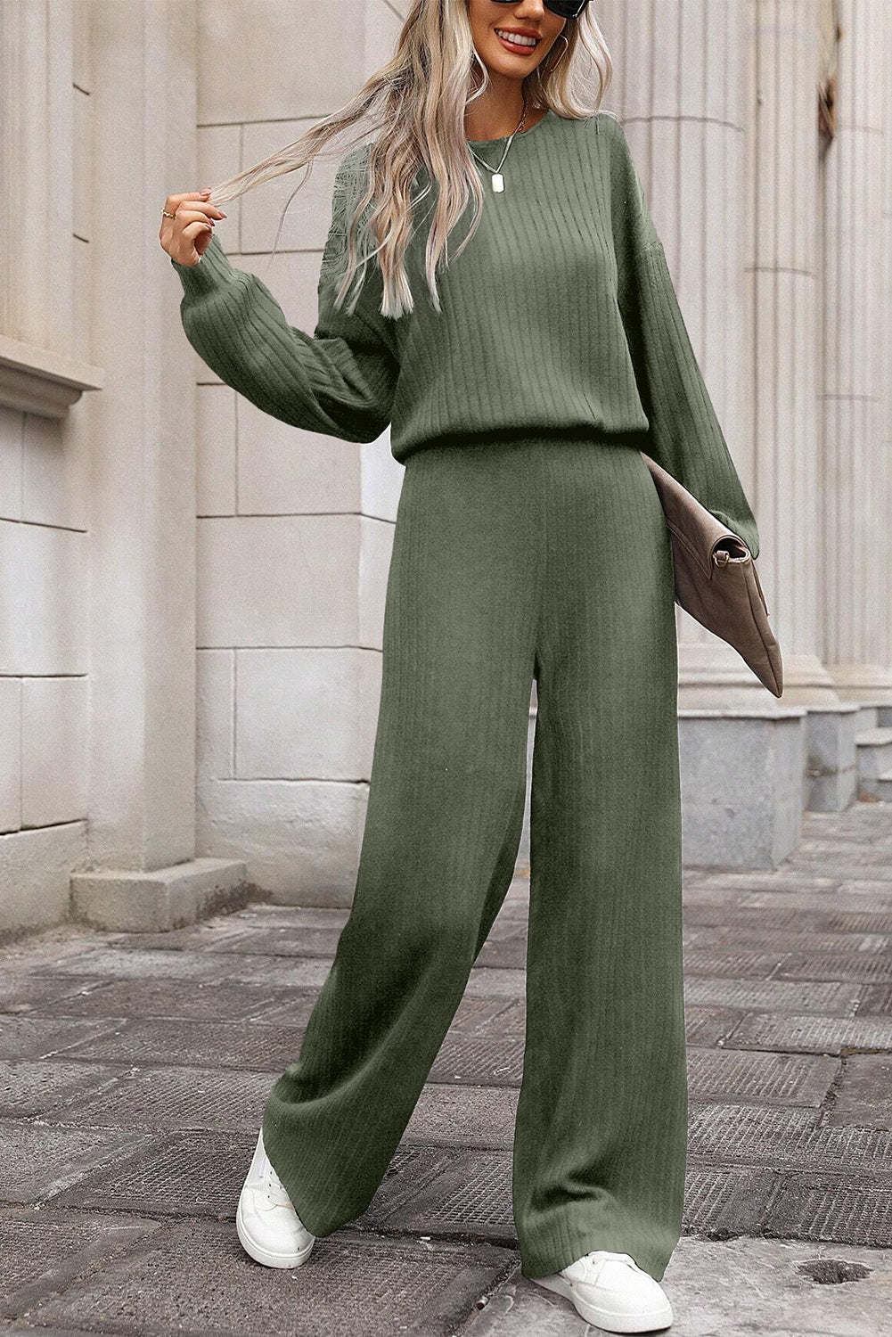 Lorbeergrüner vollrippstrick schlüsselloch zurück hohe taille jumpsuit