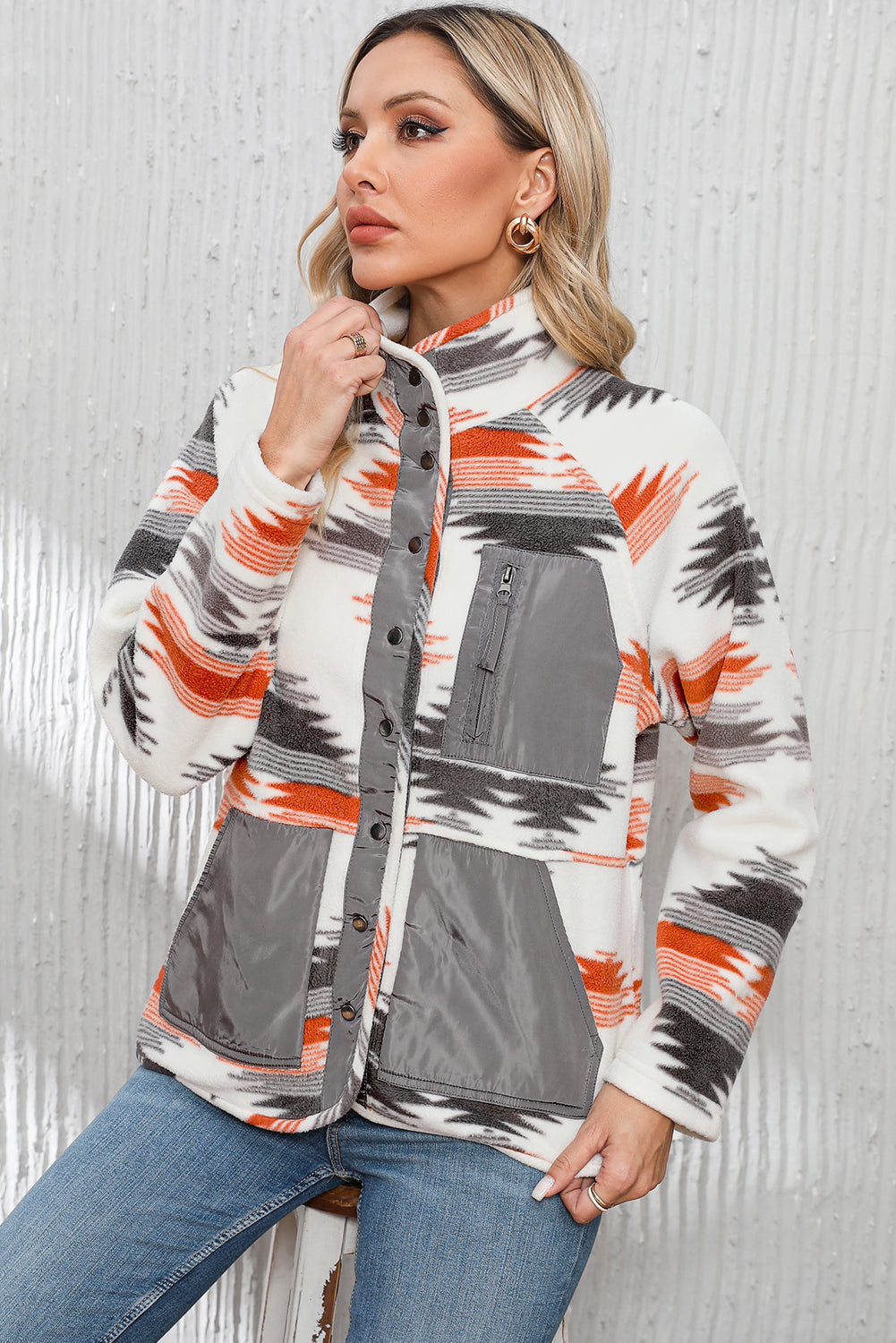 Mehrfarbige azteken fleece patchwork jacke mit druckknöpfen