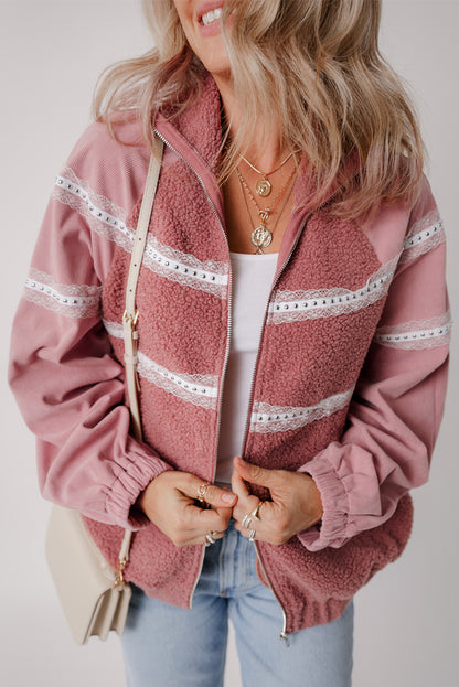 Rosa sherpa patchwork spitze elastische manschette zip up jacke