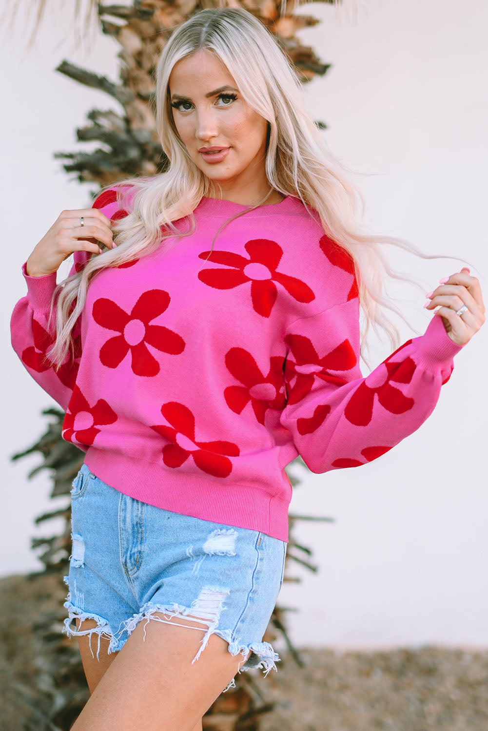 Rose big flower strickpullover mit gerippten abschlüssen
