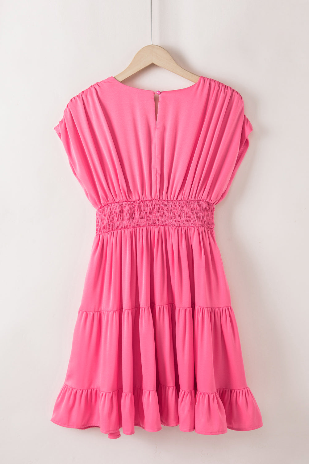 Strawberry pink geraffte ärmel v-ausschnitt smock taille gerafftes kleid