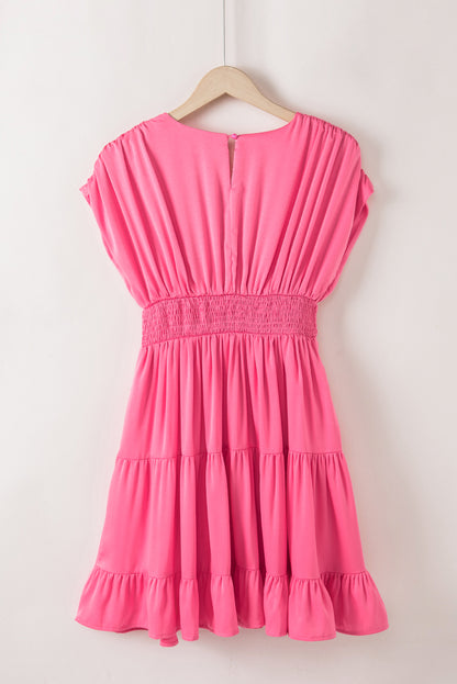 Strawberry pink geraffte ärmel v-ausschnitt smock taille gerafftes kleid