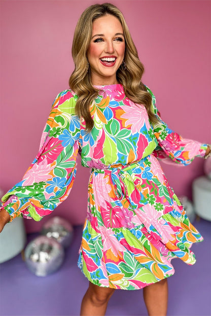 Grünes mehrfarbiges botanisches Bubble Sleeve Minikleid