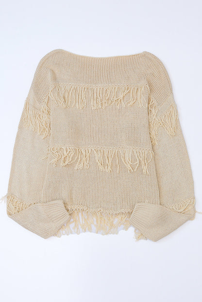 Khakifarbener boho-strickpullover mit quasten