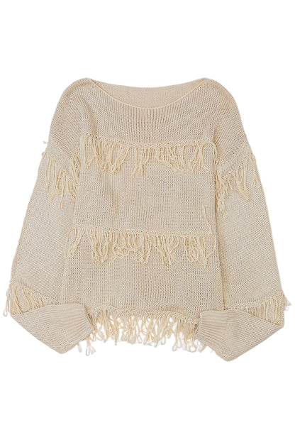 Khakifarbener boho-strickpullover mit quasten