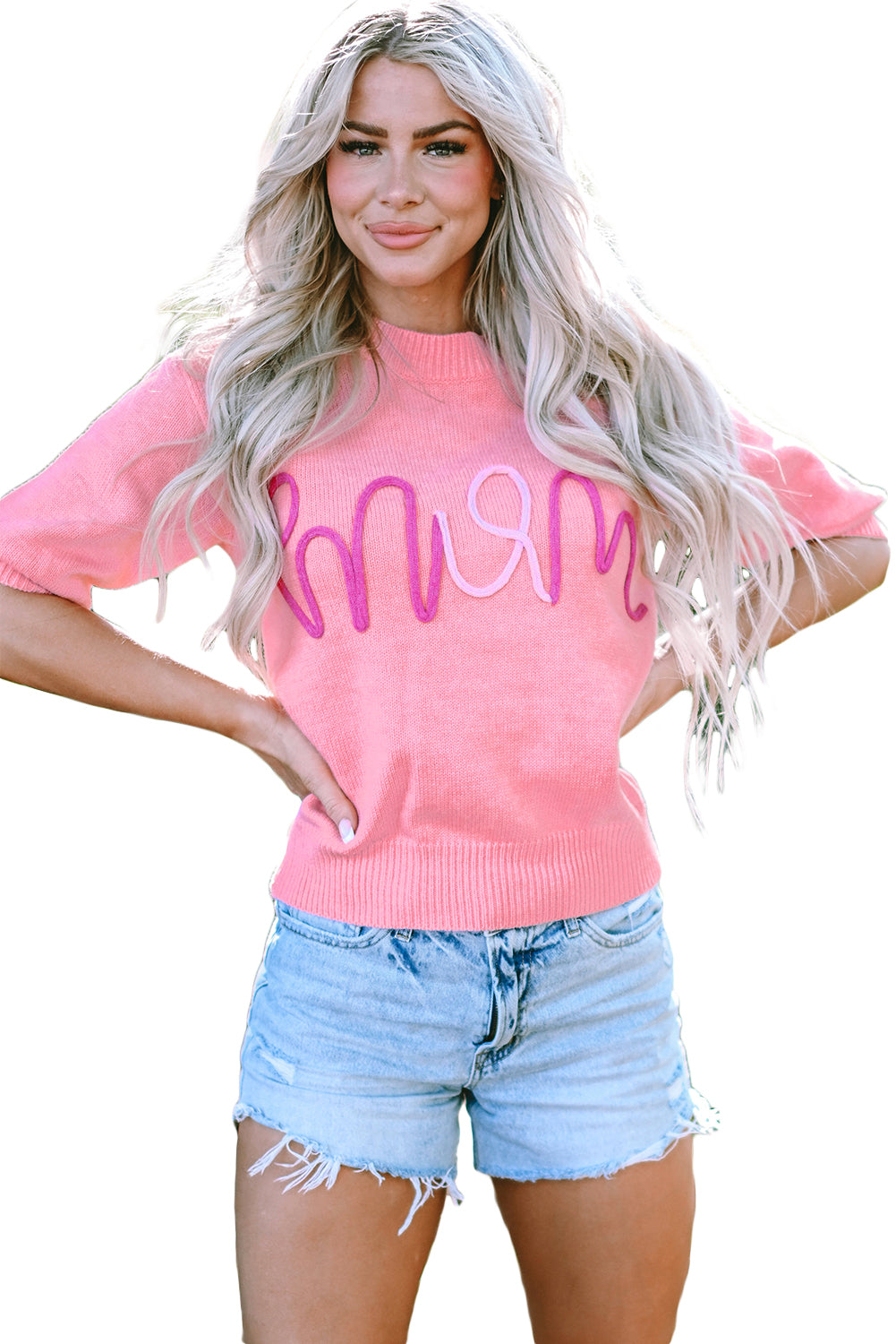 Bonbon mom tinsel front short sleeve pullover