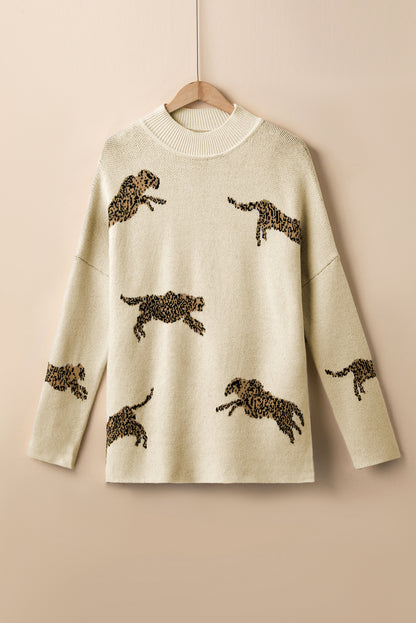 Pergament lebendiger geparden-print pullover mit hohem ausschnitt und geteiltem saum