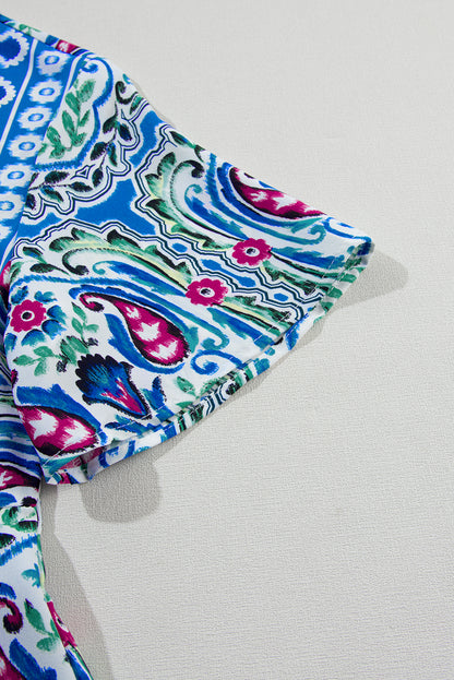 Himmelblau bohemian print krawattenausschnitt rüschensaum kurzes kleid