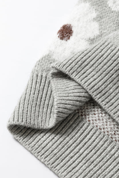 Grauer pullover mit floralem muster und halbem reißverschluss an der schulter