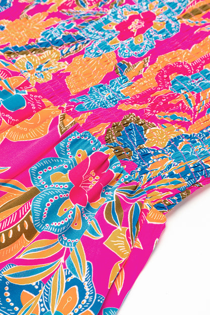Rosenrot boho floral v-ausschnitt rüschen gestreift langes kleid