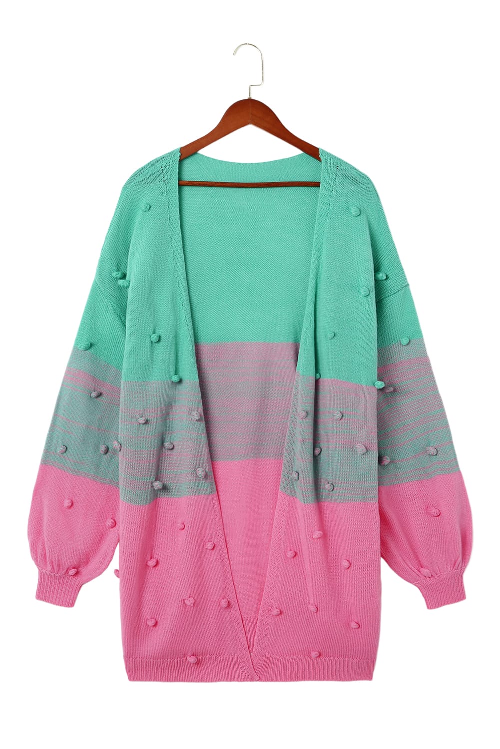 Rose pompom color block open front strickjacke