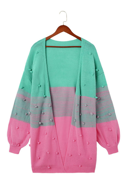 Rose pompom color block open front strickjacke