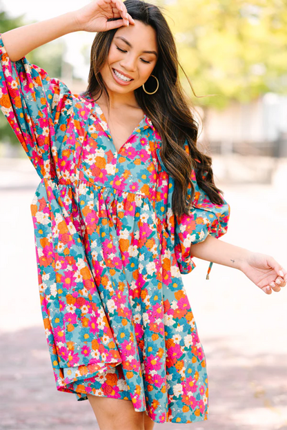 Himmelblau floral print krawatte split neck bubble sleeve babydoll kleid