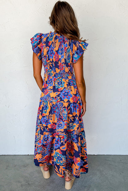 Dunkelblau boho floral v-ausschnitt rüschen gestreiftes langes kleid