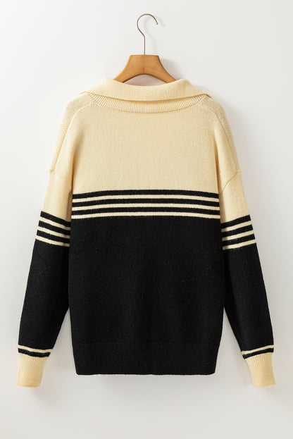 Schwarzer colorblock streifen pullover mit v-ausschnitt