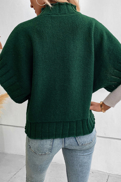 Schwarz-grüner batwing-kurzarm-strickpullover mit rundhalsausschnitt