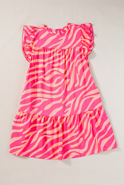 Rosa zebrastreifen bedrucktes kleid mit rüschenbesatz und taschen