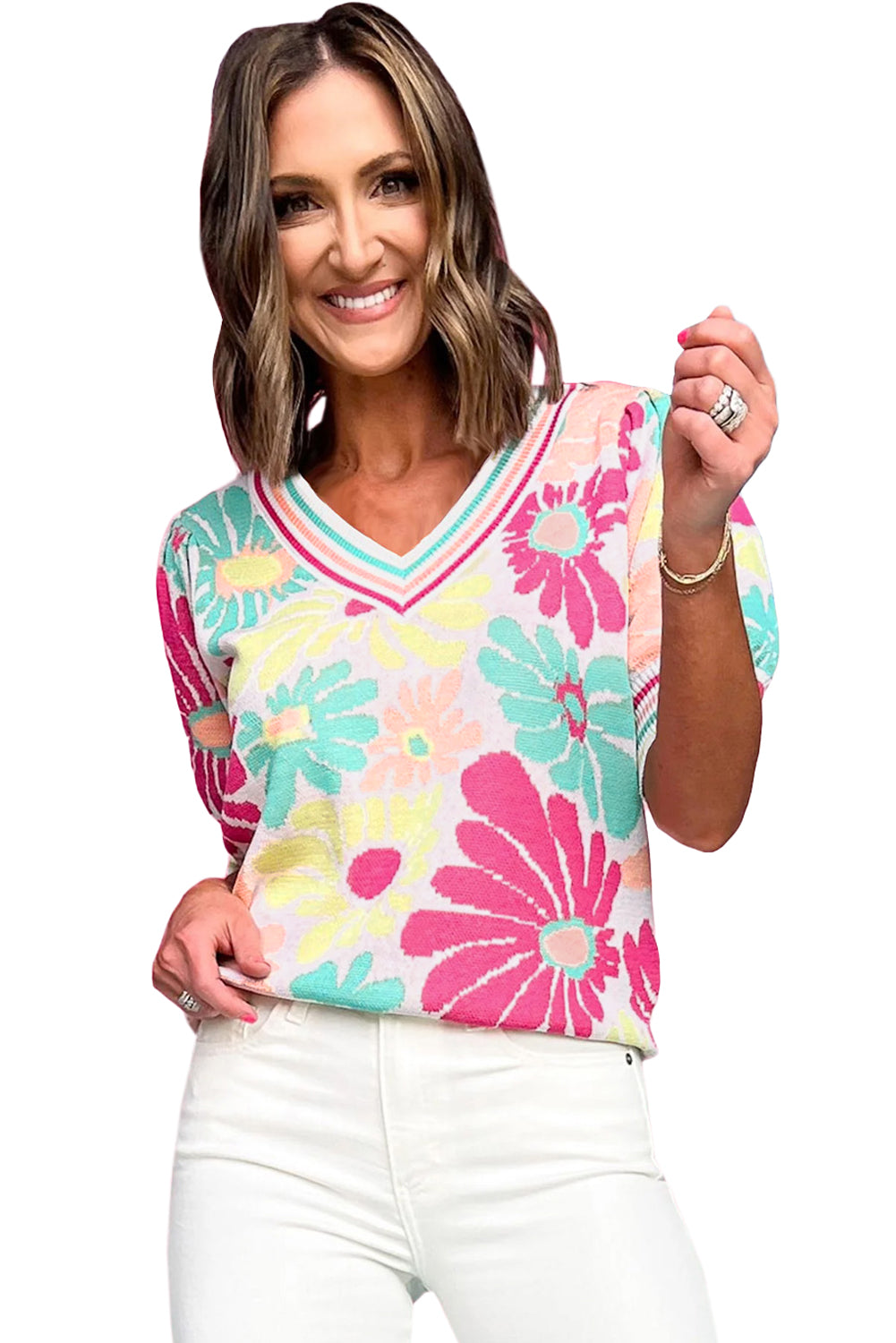 Mehrfarbig floral print v-ausschnitt kurzarm pullover