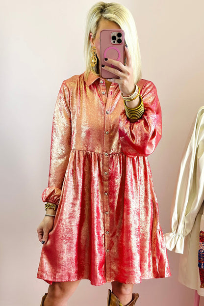 Peach blossom metallic sheen puffärmel button up mini shirt kleid