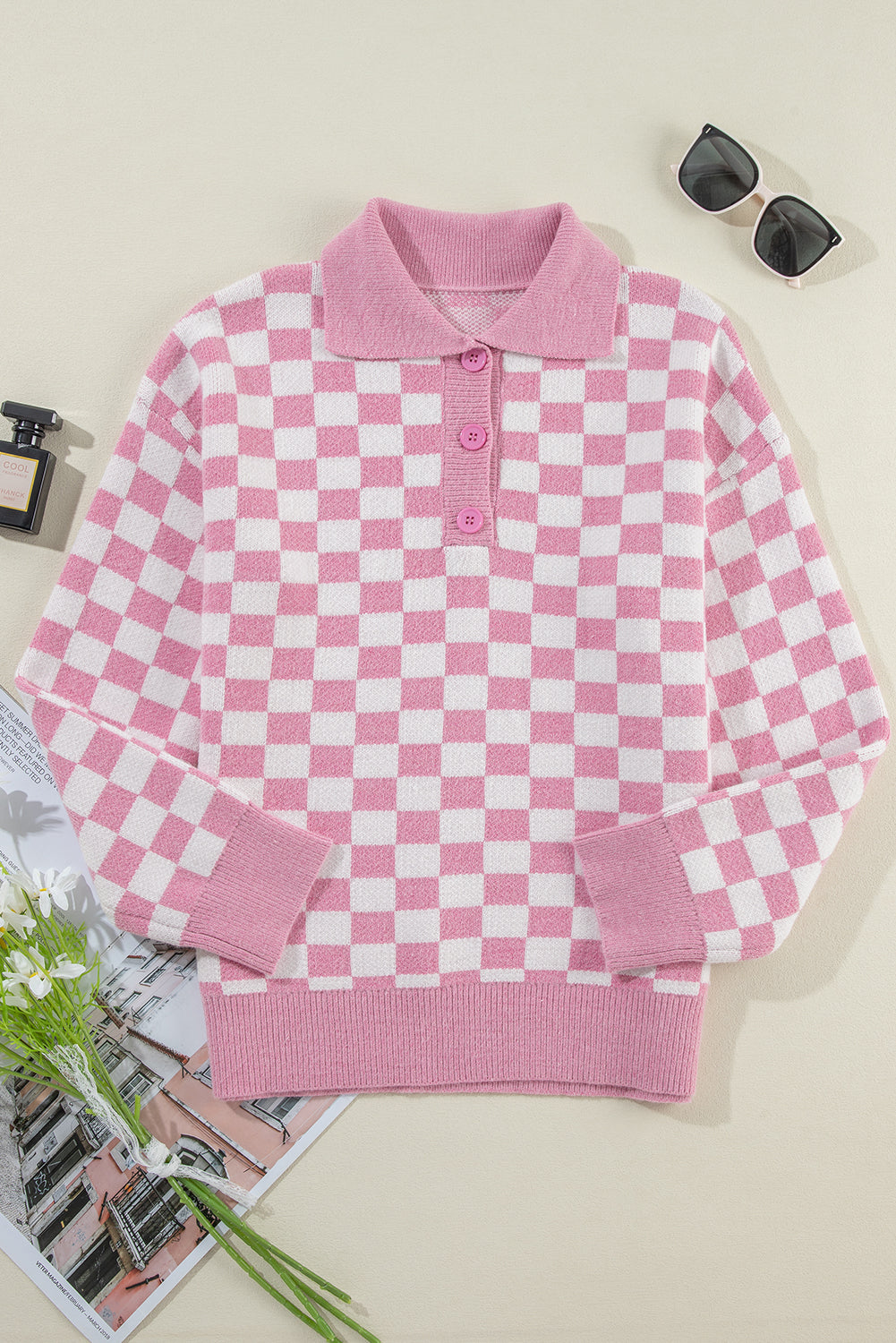 Rosa karierter knöpfe kragen v-ausschnitt drop shoulder pullover