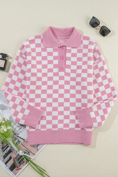Rosa karierter knöpfe kragen v-ausschnitt drop shoulder pullover