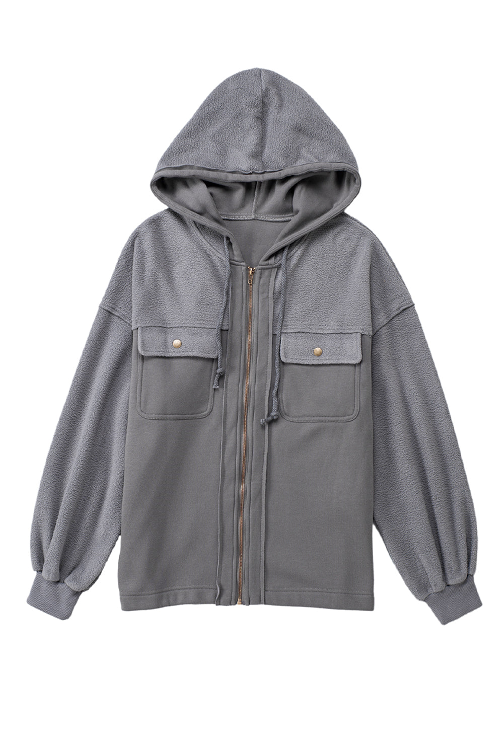 Graue klappentasche mit kordelzug kapuze zip up jacke