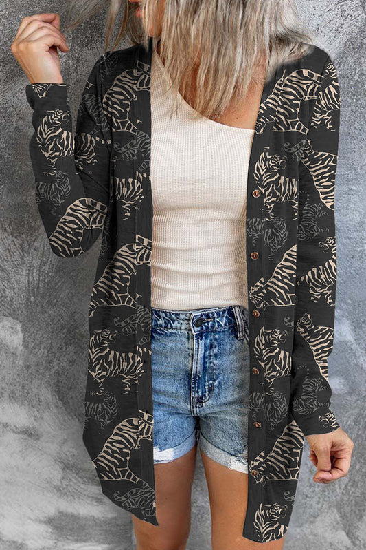 Schwarze wild tiger print knopfleiste strickjacke