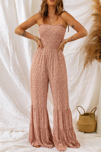 Khaki dünne träger gesmoktes oberteil weites bein floral jumpsuit