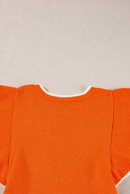 Russet orange kontrast trim rüschen ärmel gestrickt top