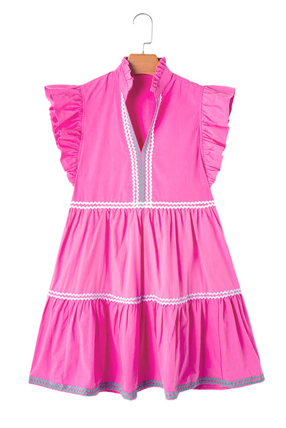 Erdbeerrosa ric rac colorblock flatterärmel v-ausschnitt ringelkleid