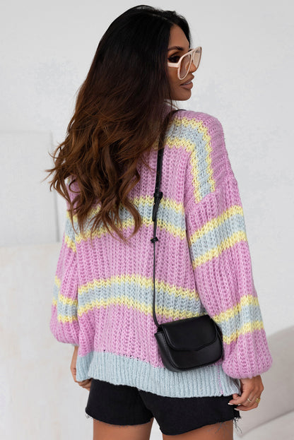 Rosa gestreifte strickjacke mit offener vorderseite und kontraststreifen