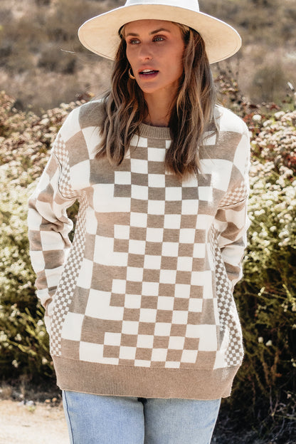 Khaki karo print drop shoulder rundhalsausschnitt pullover