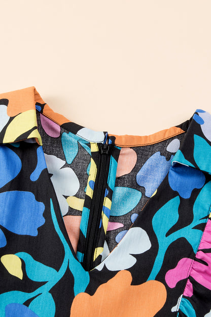 Blaues ausgestelltes Kleid mit geteiltem Halsausschnitt und Blumenmuster