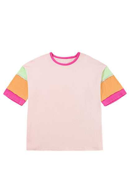 Rosa farbe blocknaht ärmel rundhalsausschnitt oversize top