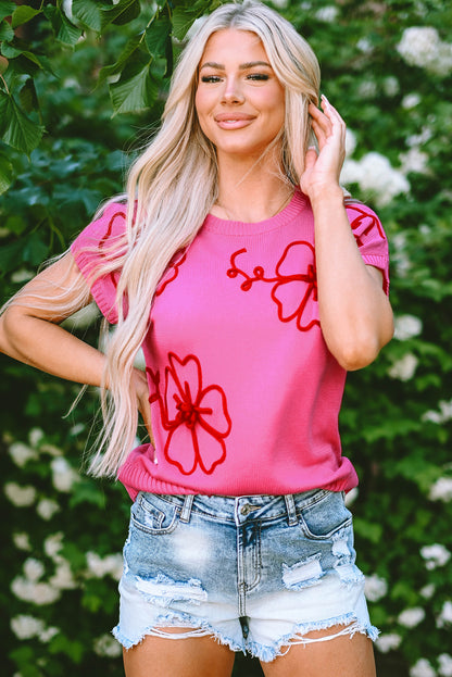 Leuchtend rosa blumenstickerei kurzarm-strickoberteil
