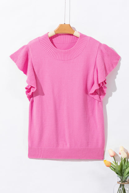 Bonbon gerippter mock neck pullover mit kurzen ärmeln und rüschen