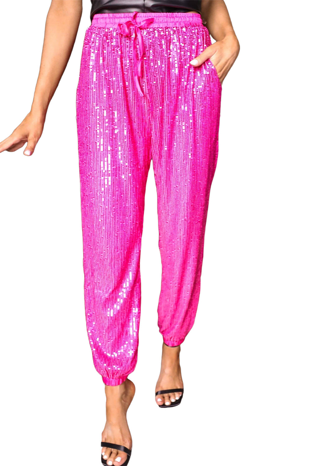 Rosa krawatte pailletten-jogger-hose mit hoher taille