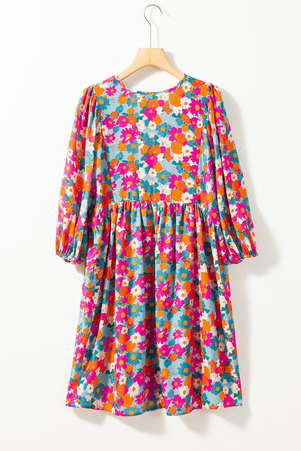 Himmelblau floral print krawatte split neck bubble sleeve babydoll kleid