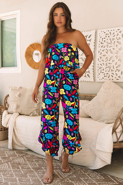 Rot mix tropical print trägerloser geraffter jumpsuit