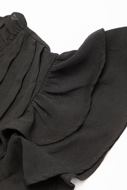 Schwarzes Shiftkleid mit Rüschenärmeln und V-Ausschnitt mit Rüschen