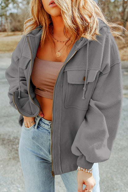 Graue klappentasche mit kordelzug kapuze zip up jacke